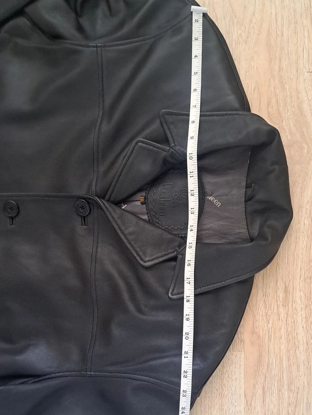 Rosleen Men's Black Genuine Leather Pea Coat - Classic Button Front